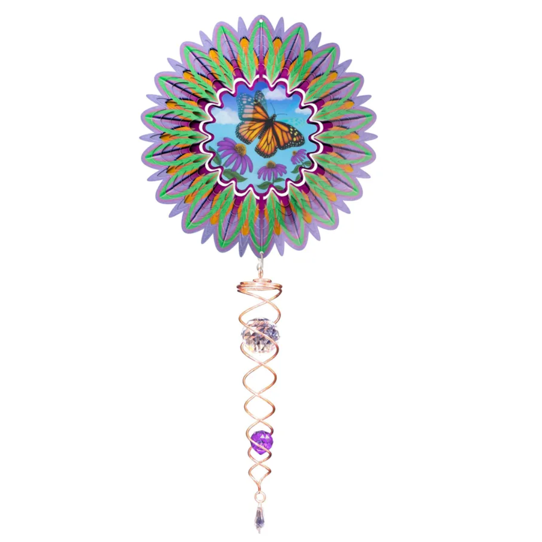 Animated Monarch Butterfly Mini 6.5" Wind Spinner and 7.5" Crystal Twi