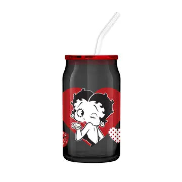Betty Boop Core Winking Hearts 16 oz. Glass Tumbler with Lid and Straw