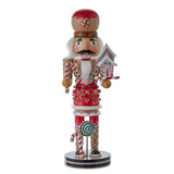 Gingerbread Nutcracker Holding Candy Cane & Gingerbread House 12"