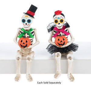 6" Day of the Dead Mr or Mrs Bones with Jack O Lantern Pumpkin Shelf Sitter Figurine
