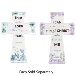 Bible Blessings Glass Cross Figurine I Can Do All Things Through Christ or Trust in the Lord 6"