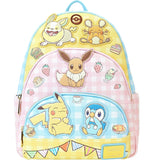 Loungefly Pokemon Cafe Triple Pocket Backpack with Pikachu, Piplup, Eevee, Yamper, Dedenne, and Slurpuff