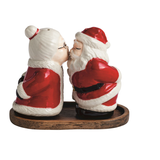 Ceramic Kissing Mr. & Mrs. Claus Salt & Pepper Shaker Set with Wooden Holder