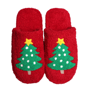 Christmas Tree Fuzzy Red Slippers