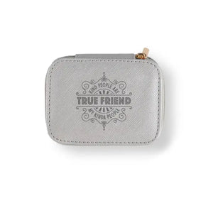 Personalized Travel Jewelry Box in Silver with Debossed Title and Message True friend - kind people are my kinda people