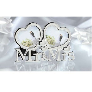 Mr. & Mrs. Double Heart Silver Picture Frame Holds Two 3"x2.5" Photos