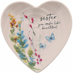 Meadows of Joy Butterfly Floral 4.5" Heart Keepsake Dish Sister You Make Life Beautiful