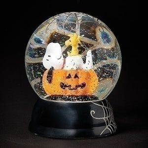 Snoopy and Woodstock on Jack-O-Lantern Pumpkin Halloween Glitter Swirl Light Up Water Globe 5.75"