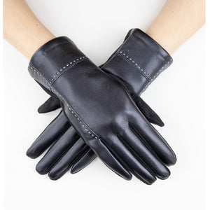 Vegan Faux Leather Black Gloves with Outseam Cross Stitch Details