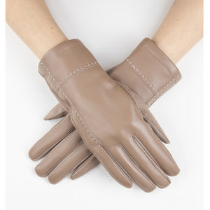 Vegan Faux Leather Khaki Gloves with Outseam Cross Stitch Details