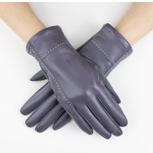 Vegan Faux Leather Gray Gloves with Outseam Cross Stitch Details