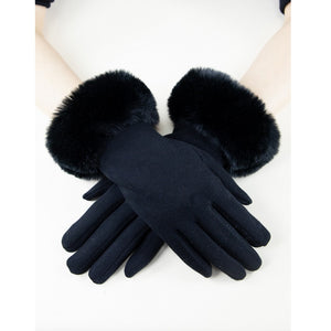 Faux Fur Cuff Black Fashion Gloves