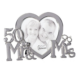 50th Anniversary Mr. & Mrs. Heart Shaped Picture Frame Holds 4"x 4" Photo
