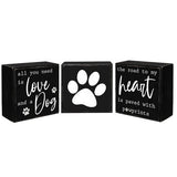 Set of 3 Wood Block Sentiment Love Dog Heart Pawprints 4" x 4"