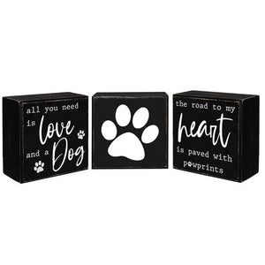 Set of 3 Wood Block Sentiment Love Dog Heart Pawprints 4" x 4"