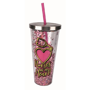 Spoontiques Nurses Glitter Cup with Straw, Pink