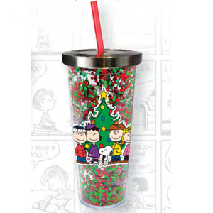 Snoopy and the Peanuts Gang Christmas 20 oz. Glitter Cup with Straw