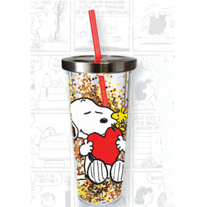Snoopy Woodstock with Red Heart 20 oz. Glitter Cup with Straw