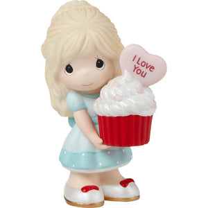 Precious Moments You Bake Me Happy Blonde Girl with I Love You Message and Cupcake Porcelain Figurine