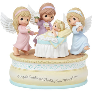 Precious Moments Angels Celebrated the Day You Were Born Dancing Around Baby Rotating Musical Plays Mozart's Lullaby