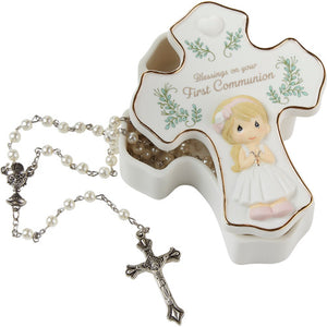 Precious Moments Blessings On Your First Communion Cross-shaped Girl Rosary Box with White Beaded Rosary and Metal Cross