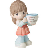 Precious Moments Brunette Girl Holding Mug With MOM Acronym Figurine