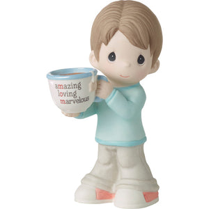 Precious Moments Brunette Boy Holding Mug With MOM Acronym Figurine