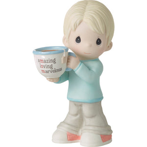 Precious Moments Blond Boy Holding Mug With MOM Acronym Figurine