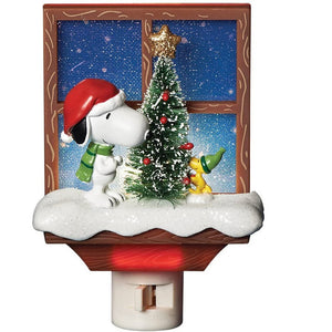 Peanuts Nightlight Snoopy and Woodstock Decorating Christmas Tree by Window