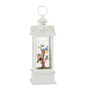 Glitter White Gazebo Water Lantern with Birds on Blossom Branches 11.75"