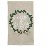 Merry & Bright Christmas Greenery Embroidered Tea Towel 