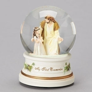 First Communion Jesus with Girl 100mm Musical Glitter Water Globe