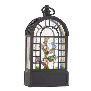 Glitter Light Up Green House Water Lantern with Birds on Branch 10.25"