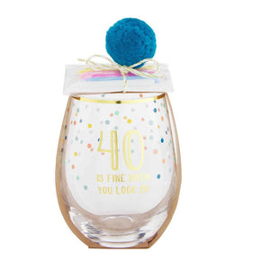 40 is Fine When You Look 29 40th Birthday Stemless Wine Glass & Candle Set
