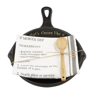 SMORES SKILLET AND TOWEL Smores Dip Skillet Set with Engraved Wood Spoon and Cotton Recipe Towel