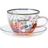 Grandma I Love You Floral Glass Teacup and Saucer Set