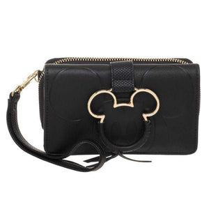 Disney Mickey Mouse Black and Gold Metal Charm Wristlet Faux Leather Wallet
