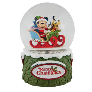 Jim Shore Disney Laughing All the Way Mickey and Pluto in Sleigh Delivering Presents Musical Rotating Water Globe