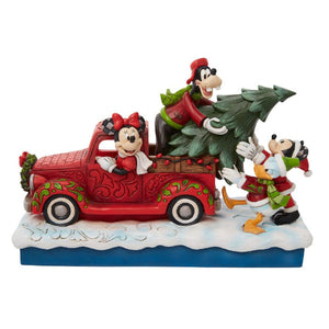 Disney Jim Shore Fab 4 Mickey and Friends Loading Christmas Tree onto a Red Truck Figurine