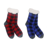 Men's Knit Thermal Slipper Socks with Gripping Soles Red Blue Checker Pattern