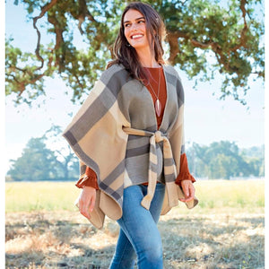 Gray and Cream Monica Plaid Tie Waisted Poncho