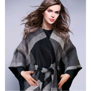 Black and Gray Monica Plaid Tie Waisted Poncho