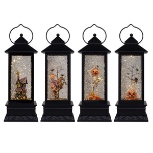 12" Spooky Halloween Light Up Glitter Lantern Haunted House, Headless Horseman, Pumpkin Head, Skeleton in Jack-O-Lantern