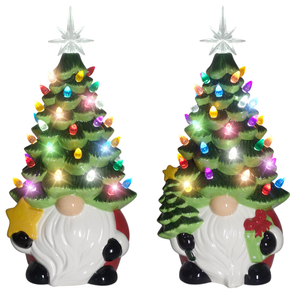 14" LED Light Up Ceramic Gnome with  Christmas Tree Hat