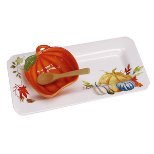 Fall Serving Tray with Pumpkin Bowl and Wooden Spreader 3-Piece Set