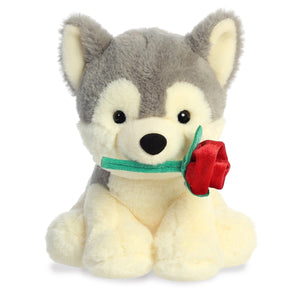 8.5" Cuddles Husky Dog with Red Rose Valentine Stuffed Plush