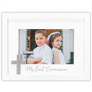 My First Communion White Picture Frame with Silver Sentiment Cross Holds 4" x 6" Photo