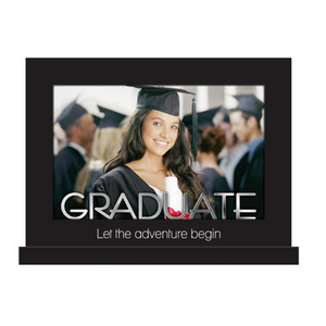 Graduate Let the Adventure Begin Black Platform Picture Frame with Metal Word Attachment Holds 4"x6" Photo