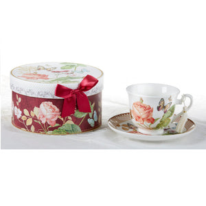 Porcelain Tea Cup & Saucer Burgundy Peony in Gift Box