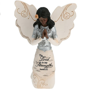 5.5" Ebony Angel Kneeling and Praying the Lord is My Strength Figurine